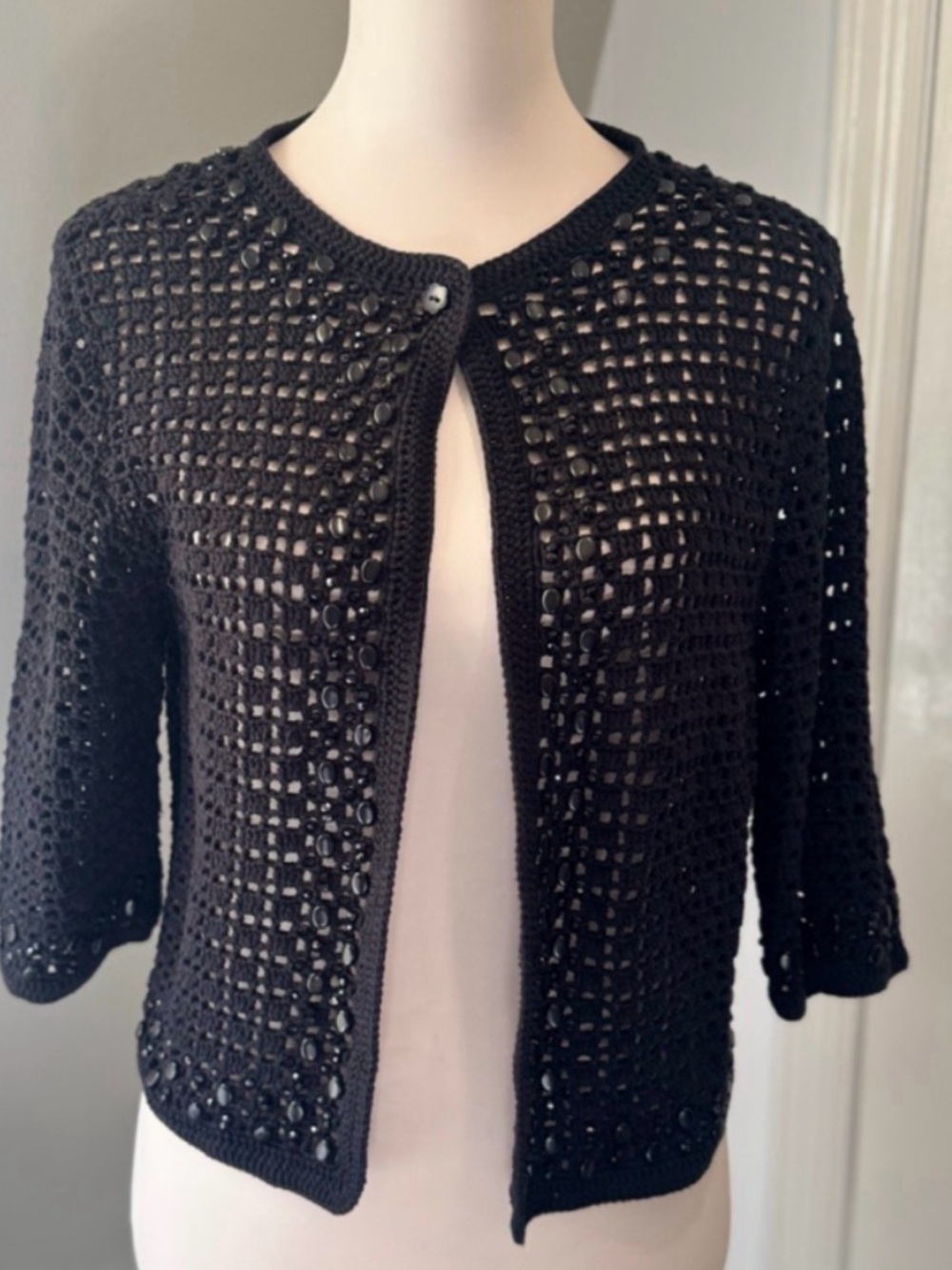 Cynthia Steffe Black Beaded Crochet Open-Knit Cropped Cardigan | Size Medium